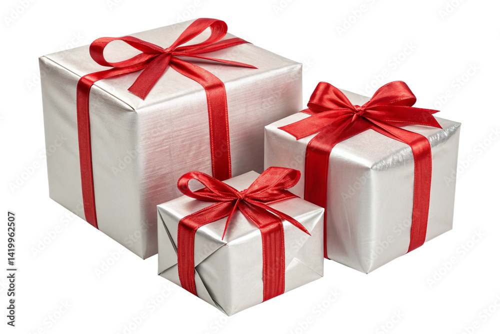 Three gift box with red ribbon, isolated ,transparent background, AI Three gift box with red ribbon, isolated ,transparent background, AI