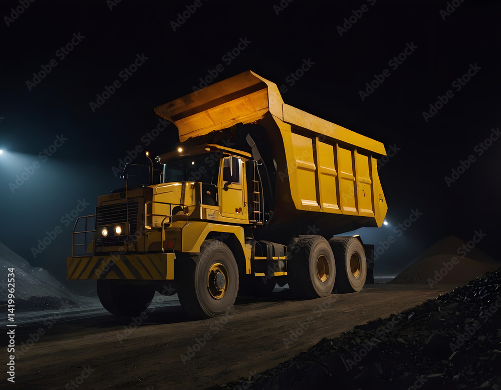 Obraz premium Large quarry dump truck in a coal mine at night. Mining equipment for the transportation of minerals. A heavy truck on the road near the work site.
