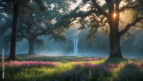 Waterfall and Fog in Lush Meadow with Trees and Flowers