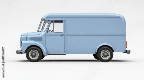 A light blue-colored food truck, equipped with two windows and a serving counter, stands out in a studio shot with a white background