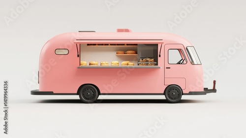A studio shot features a pink food truck showcasing desserts set against a plain white background