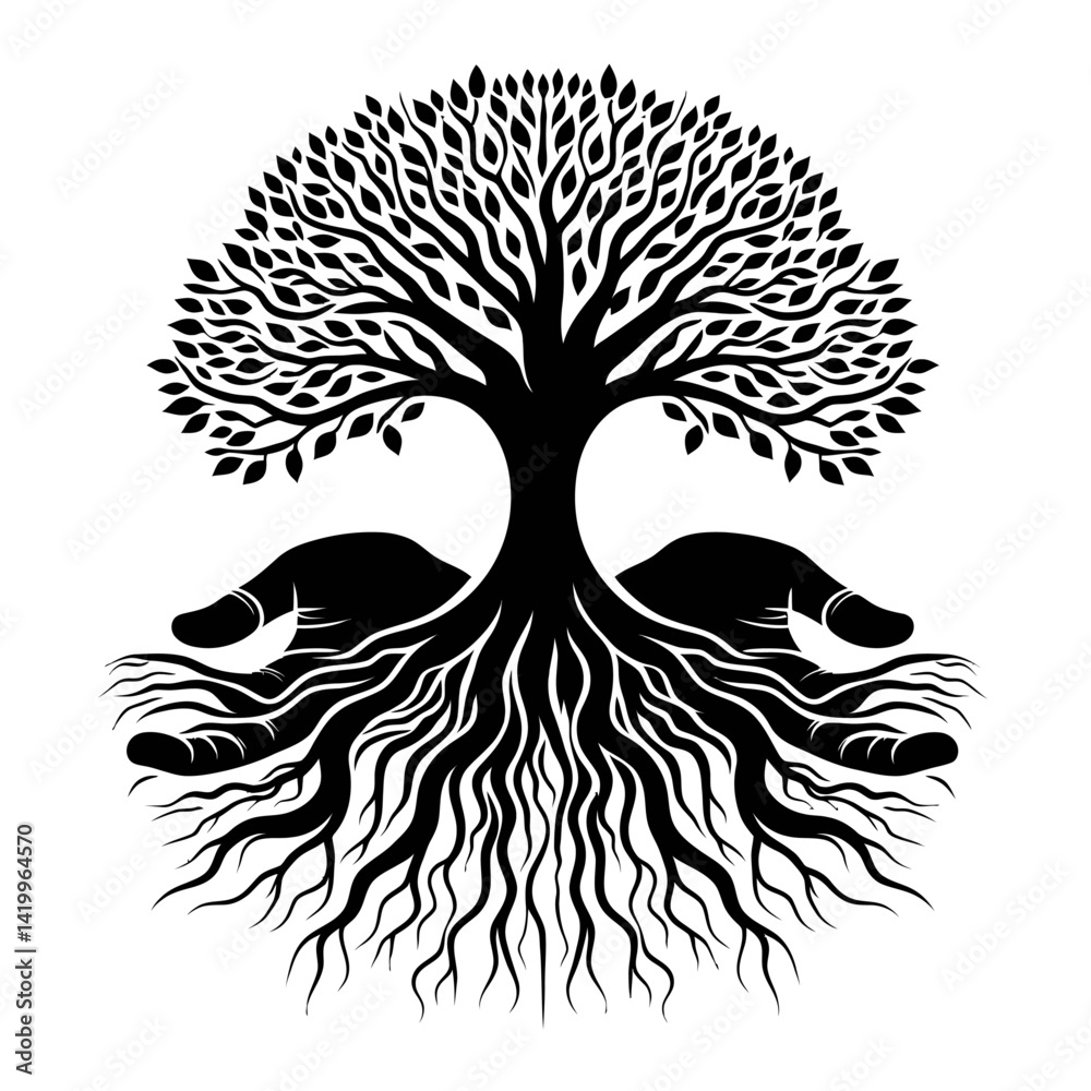 Obraz premium Tree with roots shaped like hands silhouette black color logo on white background 