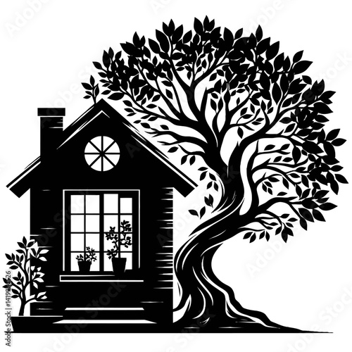 Tree growing through a house window silhouette black color logo on white background