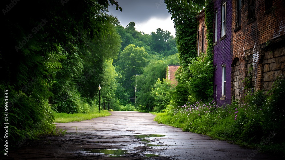 Naklejka premium Abandoned Purple Building Along an Overgrown Road with Lush Greenery and Forest Backdrop Scenery.
