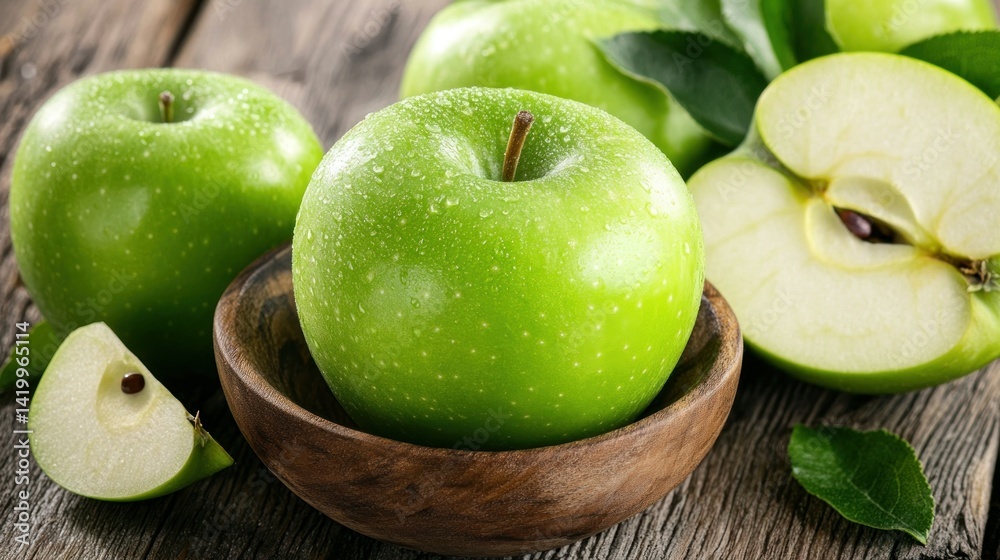 Fresh green apples sit in a wooden bowl on a rustic surface Fresh green apples sit in a wooden bowl on a rustic surface