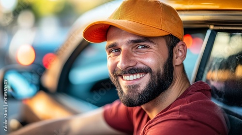 A smiling man, dressed in an orange shirt and cap, appears in the window of a car, set against the vibrant backdrop of a city with sunlight and buildings