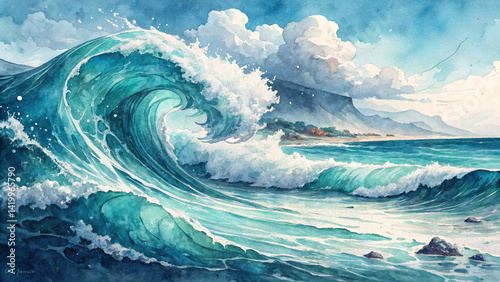 Obraz na płótnie Dynamic ocean wave crashing against rocky shore in vibrant colors w salonie