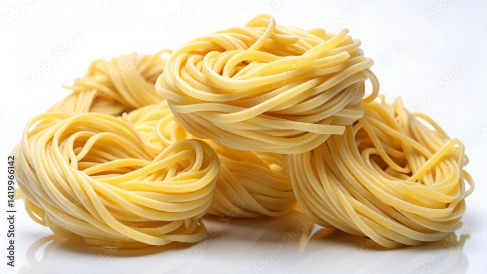 Golden strands of uncooked pasta, nests of deliciousness, ready for culinary creation Golden strands of uncooked pasta, nests of deliciousness, ready for culinary creation