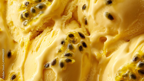 Close-Up of Delicious Passion Fruit Ice Cream with Bright Yellow Color
