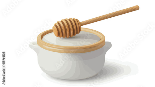 Studio close-up of a white ceramic honey jar with a wooden lid and a small wooden honey spoon. The jar is round and slightly matte.