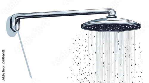 A chrome wall mounted shower head with an adjustable arm, shot close up. The shower head is round with many small holes through which water flows.