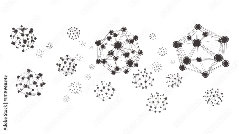 The images present a minimalist composition with multiple abstract structures resembling interconnected nodes and lines. These structures are presented in different sizes and densities. The images present a minimalist composition with multiple abstract structures resembling interconnected nodes and lines. These structures are presented in different sizes and densities.