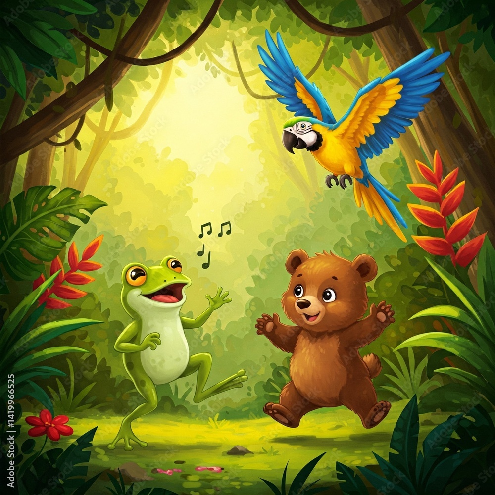 Obraz premium Singing Frog, Flying Parrot, and Curious Cub Skipping Through the Jungle on a Sunny Day