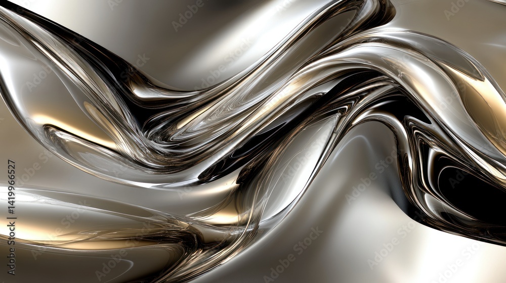 Abstract image depicting flowing metallic shapes and reflective surfaces Abstract image depicting flowing metallic shapes and reflective surfaces