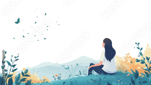 The digital illustration depicts a young woman with long black hair, sitting on a grassy hill with her back to the viewer. She is wearing a simple white T-shirt and dark blue pants.