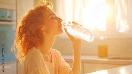 woman enjoys refreshing glass of water in sunlit kitchen, emphasizing health, hydration, and daily wellness. warm sunlight enhances serene and rejuvenating atmosphere