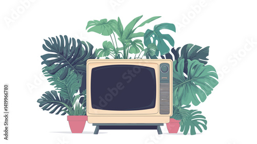 A digital illustration shows a vintage cream-colored television set, set in the center of a plain white background. The screen is completely black.