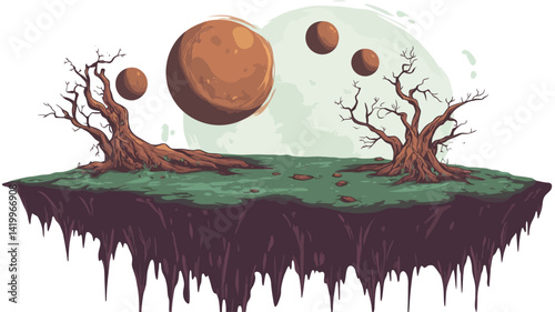 This image features a digital illustration of a surreal floating island covered in vibrant green grass that contrasts with the dark dirt at the edges.