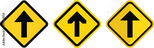 Set of three identical road signs, featuring a black upward-pointing arrow on a bright yellow diamond-shaped Isolated On Vector Illustration