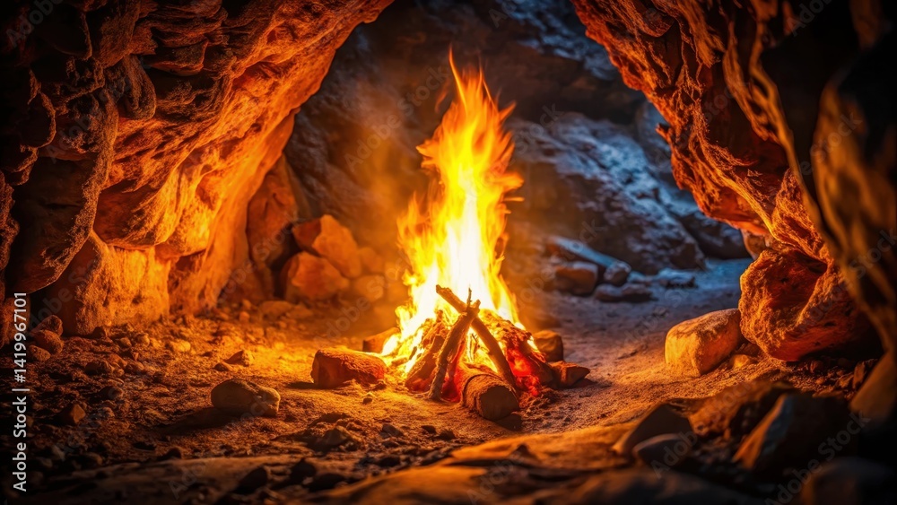 Obraz premium A blazing fire crackles in the darkness of a cave, illuminated only by flickering embers and smoke , ember, warmth, ember