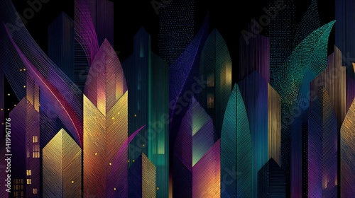Abstract Cityscape in Shades of Teal Gold and Purple with Geometric Shapes and Dotted Accents Style.