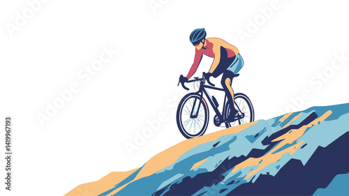 This vector illustration shows a stylized cyclist climbing a hill. The color scheme is bright, with bold red, yellow, blue, and cyan colors.