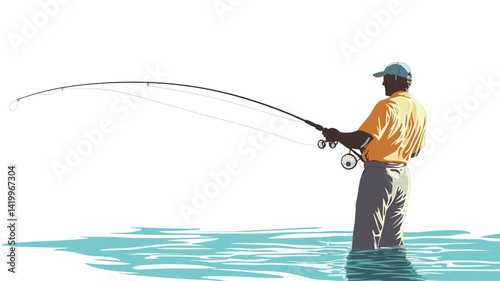 This vector illustration depicts the silhouette of a man fly fishing, standing in shallow water with the surface suggesting gentle movement.