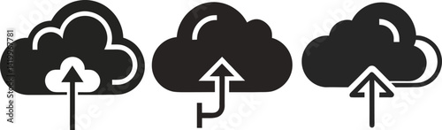 Set For Three simple, black and white cloud upload icons, perfect for depicting cloud storage, data transfer, or file sharing Isolated on Vector Illustration