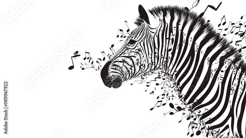High contrast monochrome illustration of a zebra's head and shoulder area, rendered in vector style. The zebra's morphology is partially deconstructed.