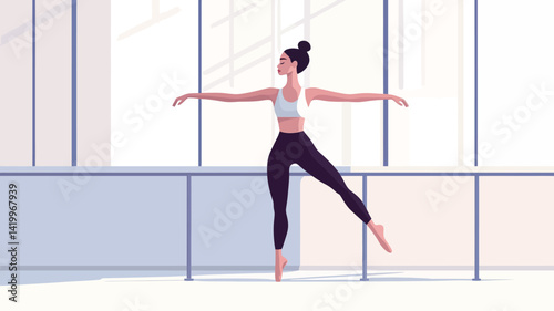 A stylized vector illustration of a young ballerina in a dance studio. She is gracefully posing in a "pench��" pose.