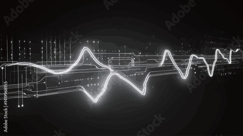 The high-contrast monochrome image depicts a stylized, bright white waveform moving across a dark background with a pattern of subtly rendered circuit-like elements.