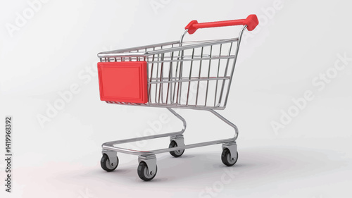 This 3D rendering of a shopping cart is mainly silver in color, with a bright red rectangular element attached to the side and a pure white background.