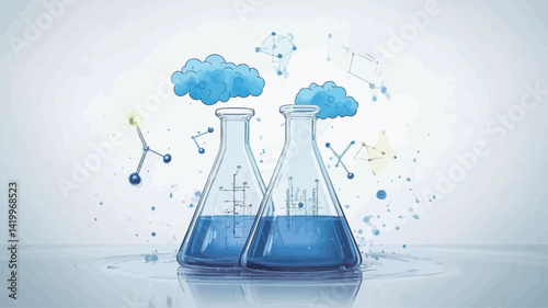 The image shows two conical flasks filled with a vivid blue liquid, placed on a reflective white surface. Surrounding the flasks are stylized images of molecules and atoms.