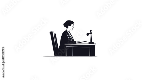 Wallpaper Mural This image features a simple monochrome silhouette of a woman sitting at a table. The figure is rendered in pure black, contrasting against the white background. The style is vector-based. Torontodigital.ca