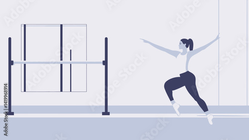 This stylized vector illustration depicts a young woman, presumably a ballerina, in a dance studio. The color scheme is minimal, using mostly white, light grey, and shadows.