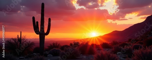 Arizona sunset casts long shadows on saguaro cacti silhouette, flora, red
