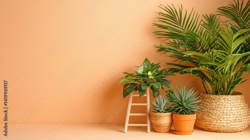 Interior scene with lush green palm and potted plants on a shelf against a warm beige wall creating a natural indoor decorative setting