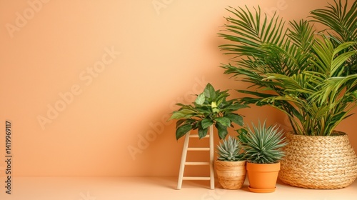 Obraz na płótnie Interior scene with lush green palm and potted plants on a shelf against a warm beige wall creating a natural indoor decorative setting w salonie