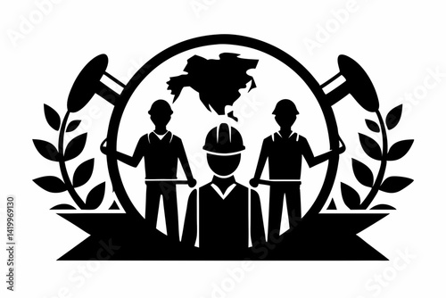 labour day,  day labour, happy labour day wish,  isolated Assets, isolated, clip art, Illustration of construction workers surrounding a globe with laurel branches 