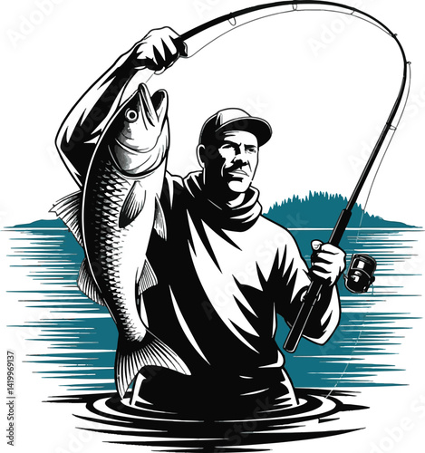 fisherman with fishing rod and fish