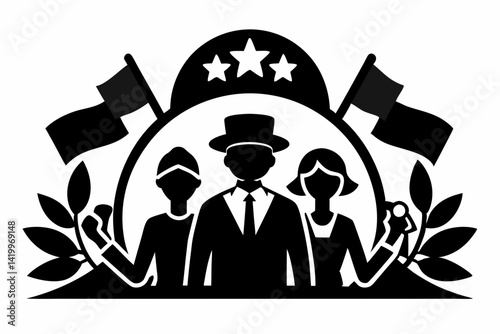 Ilabour day,  day labour, happy labour day wish,  isolated Assets, isolated, clip art, llustration of a group with flags and stars symbolizing leadership 