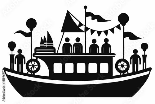 labour day,  day labour, happy labour day wish,  isolated Assets, isolated, clip art, Silhouette of a decorated boat with passengers sailing under flags 