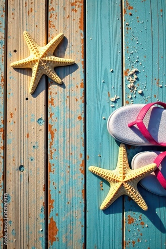 Beach towel, flip flops, starfish on weathered wood plank, nautical, decor