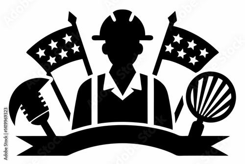 labour day,  day labour, happy labour day wish,  isolated Assets, isolated, clip art, Silhouette of construction worker with american flags 