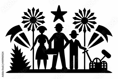 labour day,  day labour, happy labour day wish,  isolated Assets, isolated, clip art, Silhouette of family with flowers star and gardening tools in a black 