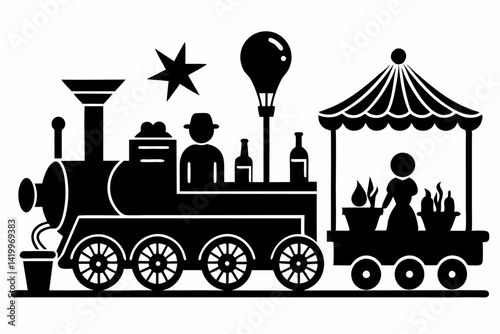 labour day,  day labour, happy labour day wish,  isolated Assets, isolated, clip art, Silhouette of a whimsical train carrying people, plants, bottles, 
