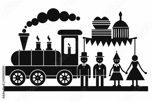 labour day,  day labour, happy labour day wish,  isolated Assets, isolated, clip art, Silhouette of a steam train carrying gifts with people holding hands 