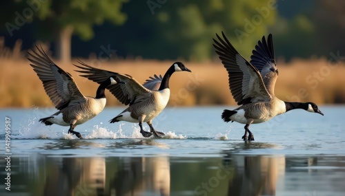 A flock of Canada geese takes flight from a farm pond, wings outstretched, honking calls echoing , flight, bird photography, animals