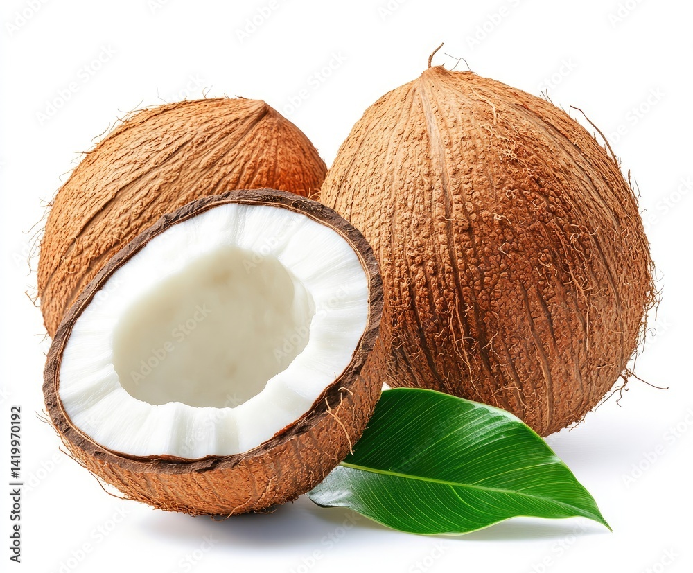 Fresh coconuts, whole and halved, with a vibrant green leaf Fresh coconuts, whole and halved, with a vibrant green leaf