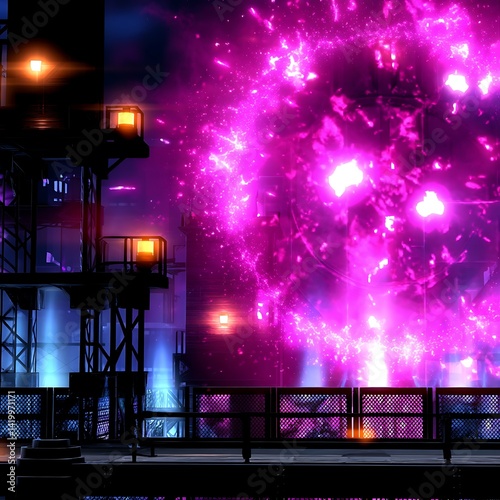 Abstract Futuristic Metropolis with Radiant Energy Sphere and Architectural Structures.